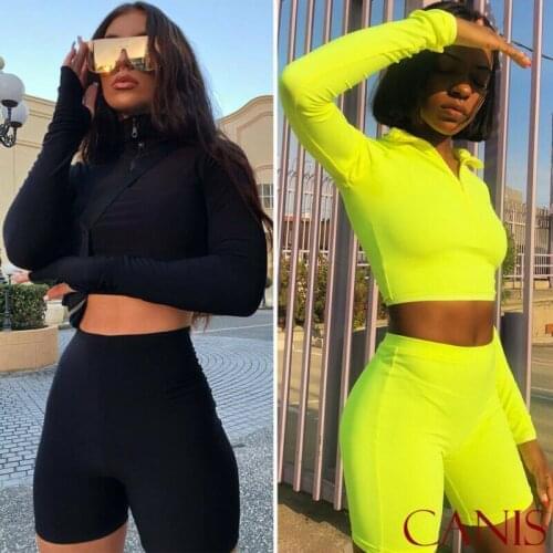 2020 Fashion Two Piece Set Women Tracksuits Long Sleeves Crop Tops Shorts Pants Fitness Sports Suit Bodycon Female Clothes Set