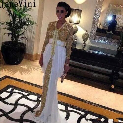JaneVini Arabic Gold Sequin Ladies Evening Dresses Wear Long Sleeve Dubai Mermaid Chiffon Mother of the Bride Dresses Gala Gown