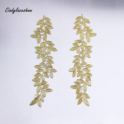 1Pair Large Gold Silver Leaves Lace Applique Embroidered Sew on Flower Patches Sewing For Wedding Dress DIY Lace Trims 32*8.5 cm