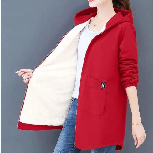 2021 6XL Autumn Winter Womens Fleece Jacket Coats Female Long Hooded Coats Outerwear Warm Thick Female Windbreaker Red W2392