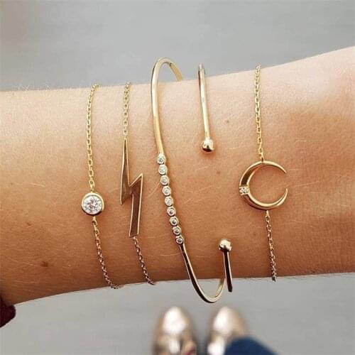 5Pcs/Set Fashion Women Charm Beach Gold Color Chain Moon Crystal Geometry Chain bangle Bracelet Set Jewelry A Direct Sale