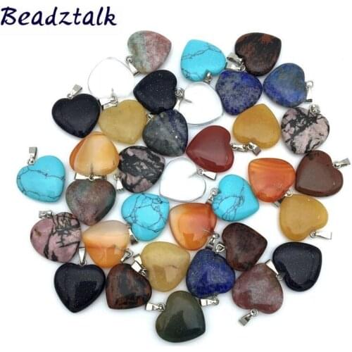 40 pcs a lot Colorful Stone Beads 20 mm Heart Charm Earring Pendants DIY Choker Jewelry Opal Carnelian Onyx Lapis Jaspers etc