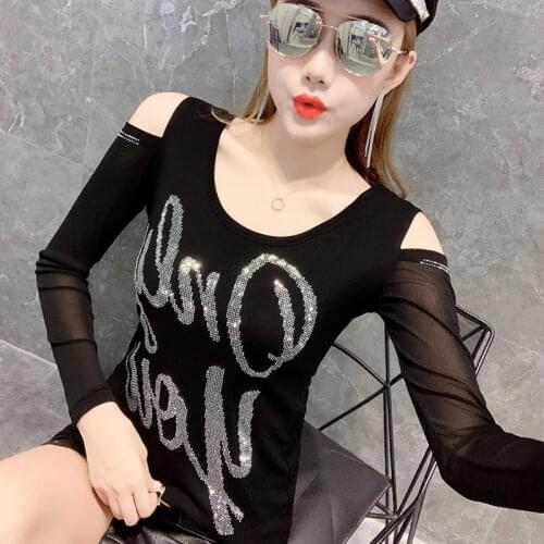 #5572 Black Red Off Shoulder T Shirt For Women Diamonds Sexy Backless Long Sleeve T Shirt Hollow Out Basic Mesh Tops Female Thin
