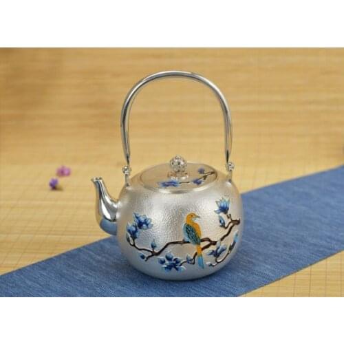 Silver pot 999 sterling silver handmade tea set Japanese retro teapot kettle home tea ceremony Kungfu tea set 800ml