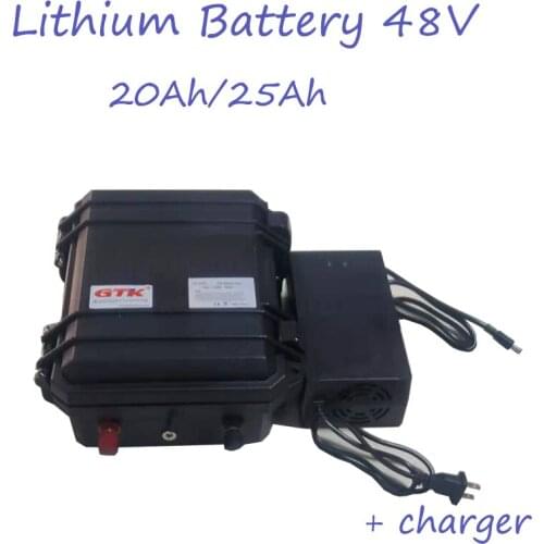 Suitcase 48v 25Ah 20Ah li ion battery pack waterproof PP hard case for 2000w EV motor rv bike power energy storage + 5A charger