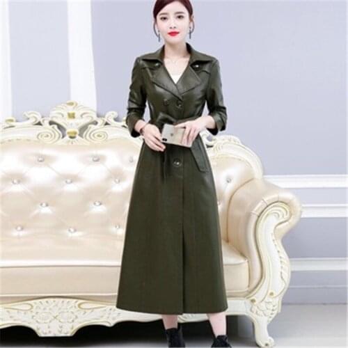 Long Section Leather Windbreaker Female 2019 Spring Autumn New Slim Suit Collar Long Sleeve Lace Leather Jacket Tide HHHOO126