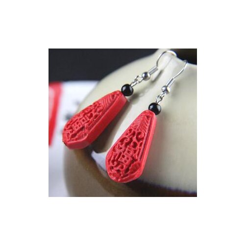Perfect Red Carved Cinnabar Earrings, Fashion Womens Carved Lacquerware Jewelry,Red Stone S925 Silvers Dangle Earring .C-19