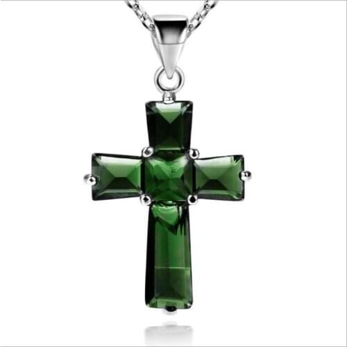 TJP Top Quality Silver 925 Girls Choker Necklace Jewelry Exquisite Crystal Green Cross Pendant Necklace Men Boy Accessories Hot