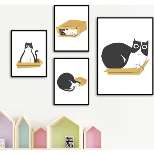 Cartoon Funny Cat Box Canvas Painting Wall Art Nordic Posters and Prints Wall Pictures for Living Children Room Decoration