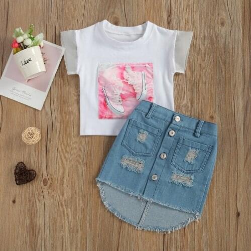 2021 Fashion Kids Baby Girl Short Sleeve Cotton T-shirt Tops Button Denim Skirt 2PCS Outfits Summer Clothes Set