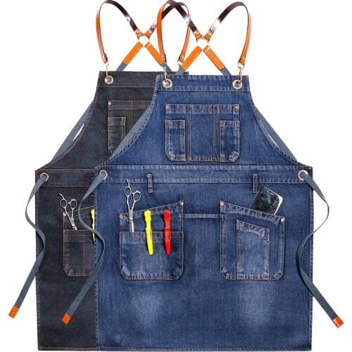 Solid Denim Pocket Hairdresser Apron Cooking Coffee Pinafore House Cleaning Bibs Men Women Master Apron For Kitchen Accessories