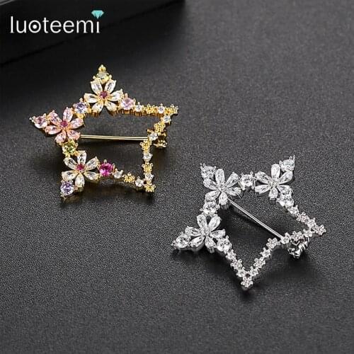 LUOTEEMI Newest Big Hollowed Star Flower Brooch Pins for Children Woman Double Color AAA Cubic Zircon Paved Fashion Jewelry Gift