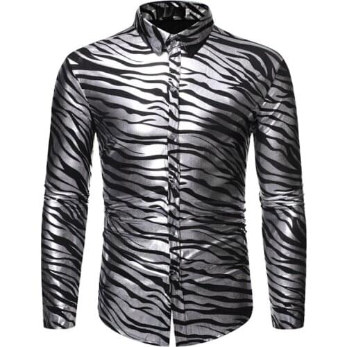 Silver Zebra Striped Print Shirt Men 2019 Nightclub Slim Fit Long Sleeve Mens Dress Shirts Party Wedding Tuxedo Shirt Man Camisa