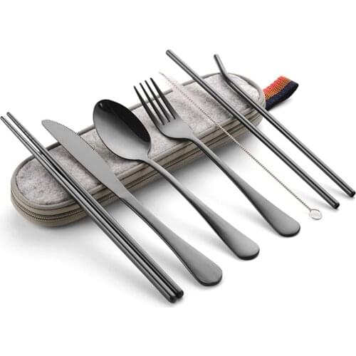 8pcs/Set Tableware Reusable Travel Cutlery Set Camp Utensils Set With Stainless Steel Spoon Fork Chopsticks Straw Portable Case