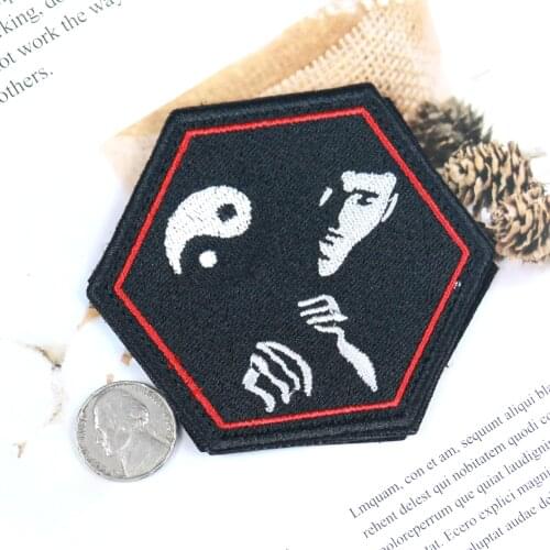 NEW Chinese Kungfu Hexagon Embroidery Patch Bruce Lee Motif Badge hook loop Patches for Clothing Boys Clothes DIY Sew On Fabric