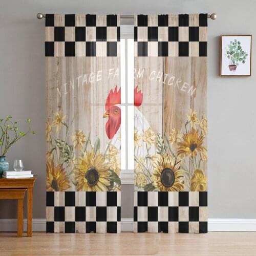 Plaid Sunflower Wood Retro Farm Rooster Chiffon Sheer Curtains for Living Room Bedroom Decoration Window Voiles Tulle Curtain