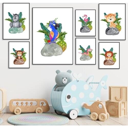 Lion Monkey Elephant Tiger Flamingo Snake Animal Poster Leaf Stone Canvas Painting Nordic Wall Art Print Nursery Baby Room Decor