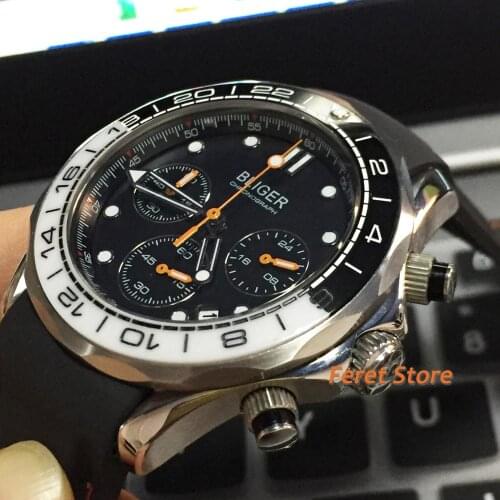 Bliger new 41mm black dial white ceramic bezel silver case rubber strap sapphire glass chronograph quartz movement mens Watch