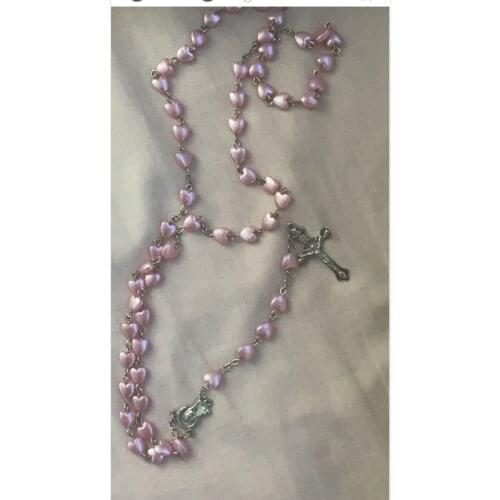 Love Heart Shape Pink Rosary Necklace Virgin Mary Cross Jewelry Baptism Beads Christ Jesus Prayer Count Bead Necklace
