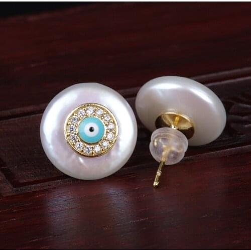 White Cz Micro Pave Tiny Blue Eye Evil Eye Natural Coin Freshwater Pearl Bead Protect Charm Gold Button Unisex Stud Earring