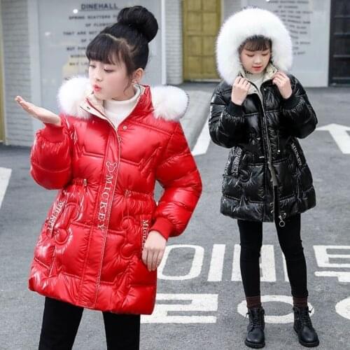 Padded Jacket For Girls 2021 Winter New Plus Velvet Warm Coat Hooded Big Fur Collar Childrens Outerwear Kids Teenager Parkas