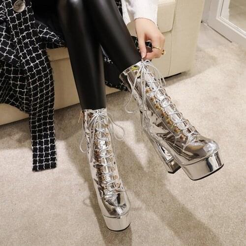 US4-11 Women Punk Ankle Boots Leather Lace Up Platform Shoes Super High 13CM Heel Nightclub Cosplay Black White Sliver Plus Size