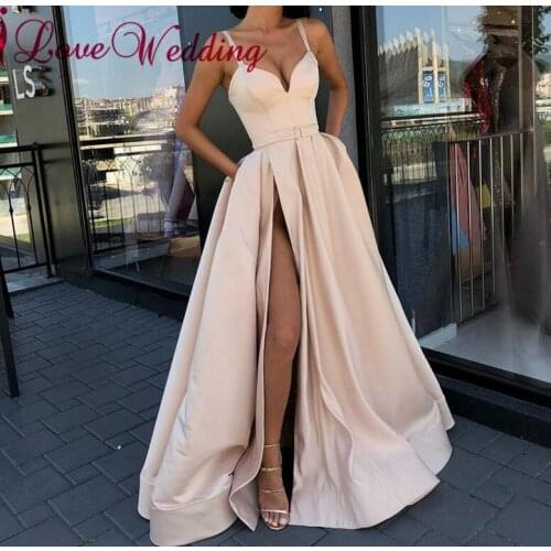 Evening Dress New Arrival robe de soiree V Neck Spaghetti Straps Custom made Satin A Line Evening Dresses Long