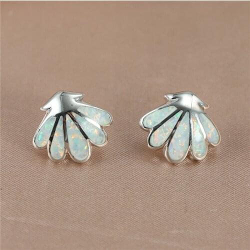 Vintage Female White Opal Stone Earrings Charm Silver Color Small Stud Earrings Dainty Beach Shells Wedding Earrings For Women