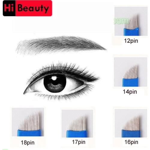 High Quality 100pcs/lot Sterilized Blue 12 14 16 17 18 Pin Permanent Makeup Blade Manual Embroidery Eyebrow 3D Tattoo Needle