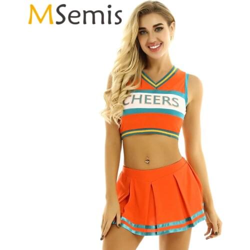 Womens Cheerleading Sports Uniform Cheerleader Costume Cosplay Dancewear Outfit Crop Top with Mini Pleated Skirt for Dancing