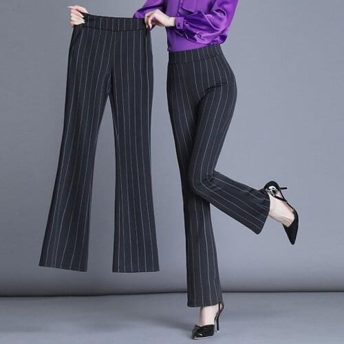 Plus size 3xl striped flared trousers ladies office casual wide leg pants spring new high waist elastic loose straight pants