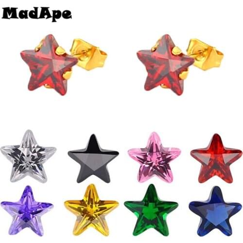 MadApe Women Fashion Star Earrings Gold Color Stainless Steel Multicolor Zircon Star Stud Earrings For Women Small Earrings
