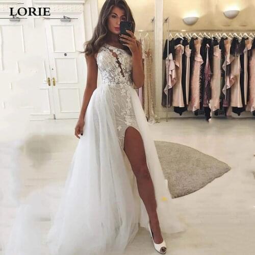 LORIE Boho Wedding Dress One Shoulder Appliques Lace Bride Dress Sexy Side Split Wedding Gown Vestidos de novia Detachable Train