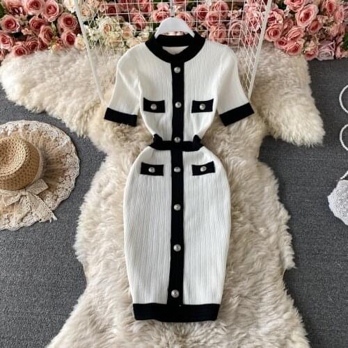 Knitted Dress Womens Summer Vintage Contrast Color Package Hip Pencil Dress Short Sleeve Single-breasted Elasticity Knit Dress