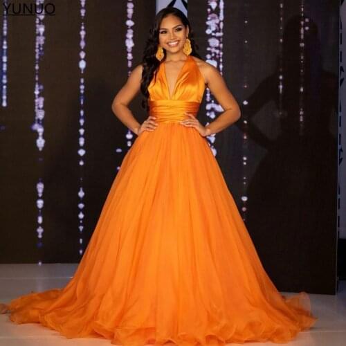 YUNUO Orange A-line Formal Evening Dress robe de soirée de mariage Halter Empire vestidos de fiesta Prom Party Gowns Sweep Train