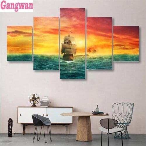 5D DIY Diamond Painting Embroidery Ship Boat sea landscape Needlework Gift Full Diamond Mosaic Cross stitch 5 pcs set Home Decor