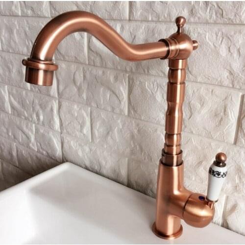 Antique Red Copper Brass Bathroom Kitchen Basin Sink Faucet Mixer Tap Swivel Spout Single Handle One Hole Deck Mounted mnf412