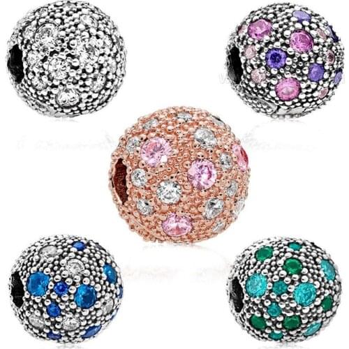 Free Shipping 925 Sterling Silver Pink Blue Green Beaded Texture Clip Charms Fit Original Pandora Bracelet For Women DIY Jewelry