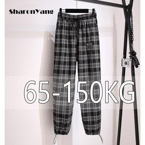 150KG Fat Sister Plaid Pants Women Loose Straight Wide Leg Casual Pants 2021 Autumn New Large Size Elastic High Waist Pants