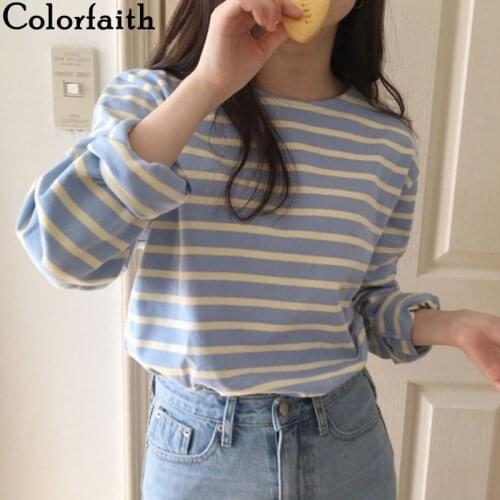 Colorfaith New 2021 Womens Spring Autumn T-shirt Bottoming Basic Korean Style Fashionable Striped Wild Lady Pink Tops T2041