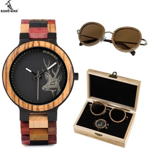 BOBO BIRD Wooden Sunglasses and Top Brand Ladies Men Quartz Watches in Suit Present Box Gift relogio feminino Wood Wristwatch