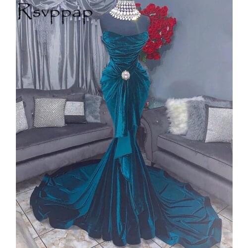 Elegant Long Prom Dresses 2021 Strapless Pleated Brooch Front Blue Mermaid African Girl Party Prom Gowns