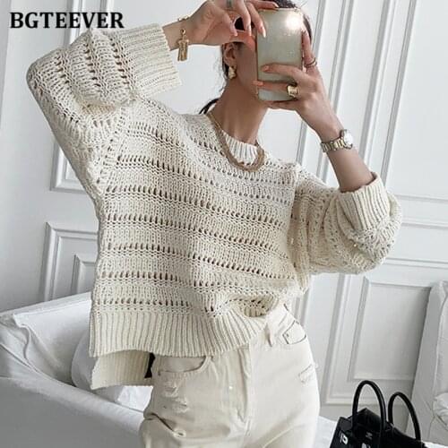 BGTEEVER Elegant Chic O-neck Hollow Out Pullovers Women Sweaters Full Sleeve Side Split Female Knitted Jumpers 2021 Autumn