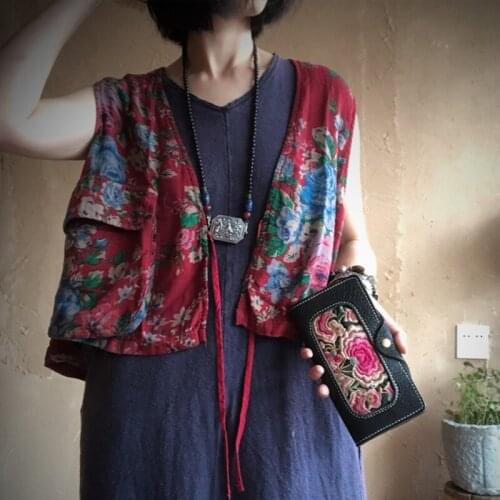 Johnature Vintage Vests 2021 New Autumn Women Cotton Thin Breathable Soft Print V-Neck Belt Print Pockets Gray Vests