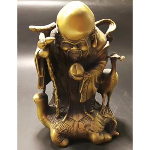 Chinese Old Brass Longevity Buddha Standing on the dragon turtle Statue
