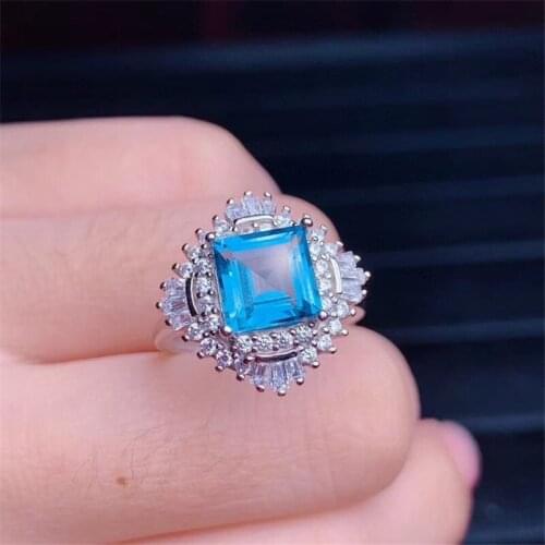 Classic 925 silver ring for women with square light blue topaz Lady charm jewelry Anniversary Gifts wholesale