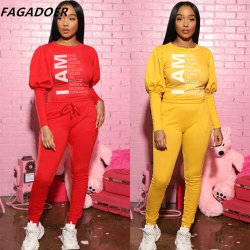 FAGADOER Autumn Two Piece Set Women Letter Print Puff Sleeve Top And Pants Tracksuit Casual 2pcs Clothing Streetwear Outfits