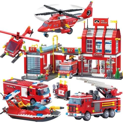 City Fire Station Building Blocks Truck Helicopter Boat Car Firefighter Bricks Assembled DIY Educational Toys For Children Gifts