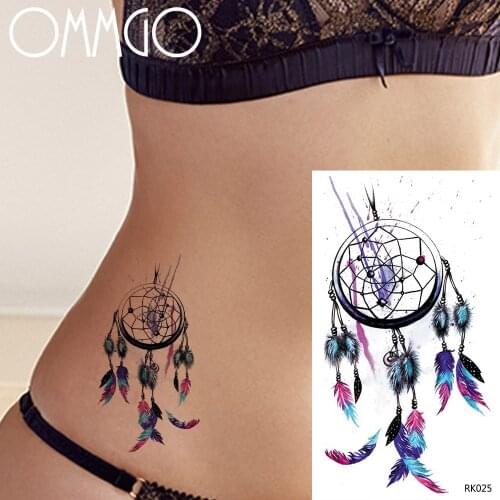 OMMGO Small DreamCatcher Feather Watercolor Blue Tribal Temporary Tattoo Sticker Cover Tatto Women Men Fake Tattoos Body Art Arm