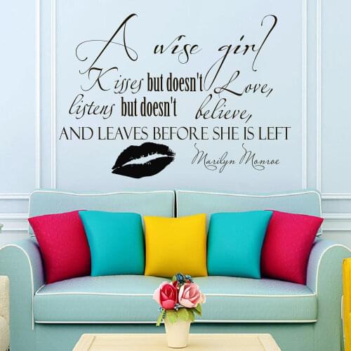 New Arrivals Wall Decals Quotes A wise girl kisses Marilyn Monroe Decal Vinyl DIY Sticker Sofa Background Art Wall Mural LA772